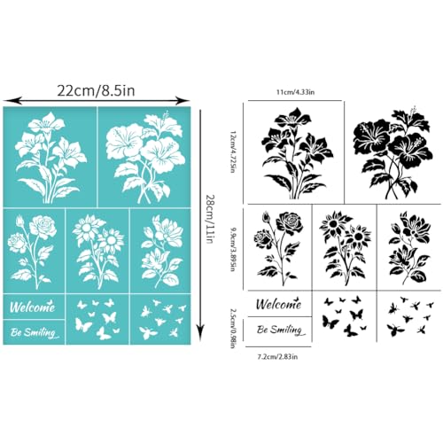 2 Sheets Flower Borders Silkscreen Stencil, Reusable Self-Adhesive Silk Screen Printing Floral and Butterfly Pattern Mesh Rose Sunflower Stencil for Painting on Wood Fabric DIY T-Shirt - style: Floral and Butterfly