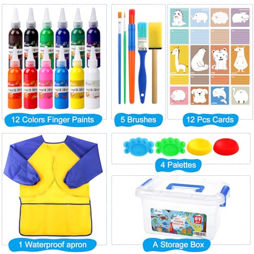 64 Pack Washable Paint Set, 12 Colors Non Toxic Finger Paints with Sponges, Paint Brushes, Waterproof Paint Smock, Palettes, Cards, Storage Box for Art, Crafts, Children Age 12+ and Adults(2 oz Each) - style: 64pcs