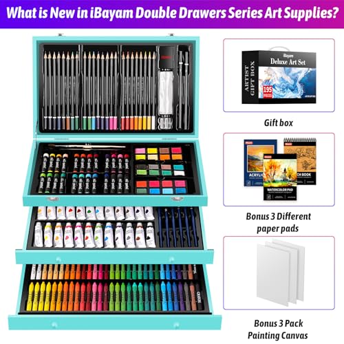 iBayam Arts and Crafts Kits for Adult, 195-Pack Deluxe Art Set Box with 3 PCS Drawing Pads, Canvases, Acrylic Painting, Drawing & Art Supplies for Pumpkin, Halloween, Christmas - color: Teal