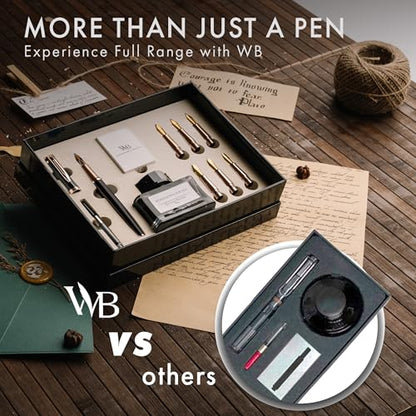Wordsworth & Black Calligraphy Pen Gift Set, Includes Ink Bottle, 6 Ink Cartridges, A Refill Converter, 6 Replacement Nibs, Journaling, Smooth Writing Pens [Black Rose Gold] - color: Black Rose Gold