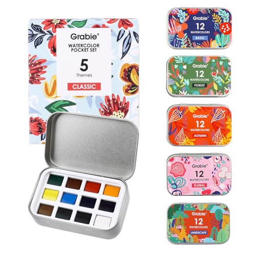 Grabie Pocket Watercolor Set of 12, Travel Watercolor Paint Set, Watercolor Paints, Art Supplies for Painting, Great Watercolor Set for Artists, Amateur Hobbyists and Painting (60 Color 5 Theme) - color: 60 Color 5 Theme