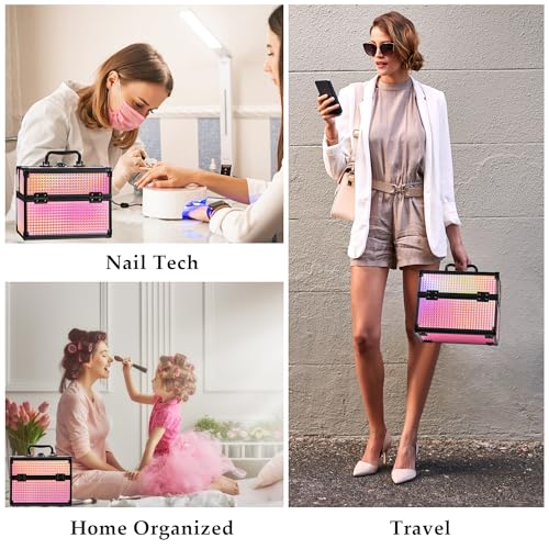 Makeup Case Organizer,Makeup Train Case, Trays Cosmetic Box Portable, Profesional for Salon Barber,Black Bright Pink - color: Black Bright Pink