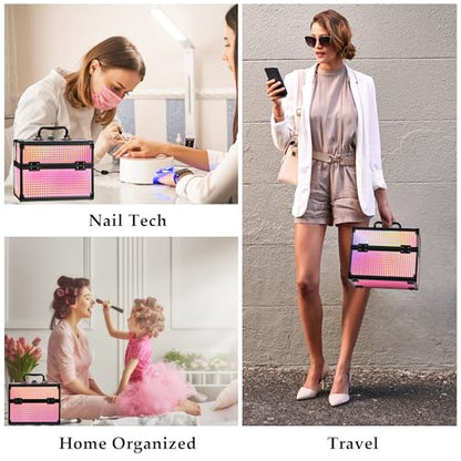 Makeup Case Organizer,Makeup Train Case, Trays Cosmetic Box Portable, Profesional for Salon Barber,Black Bright Pink - color: Black Bright Pink