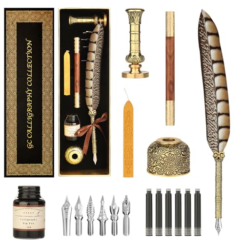Calligraphy Pen Set - Feather Dip Pen,Dual Tip Calligraphy Fountain Pen | Stamp, Wax Candle, Pen Base, Ink Bottle, Ink Cartridges L492