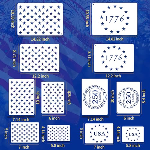 12 Pcs Independence Day Star Stencils for Painting Set, Reusable 4th of July Multiple Sizes Painting Templates, Memorial Labor Day Patriotic Stencil Craft Drawing Templates DIY Scrapbook, Wood Signs - style: Independence Day Star