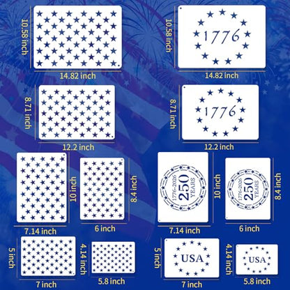 12 Pcs Independence Day Star Stencils for Painting Set, Reusable 4th of July Multiple Sizes Painting Templates, Memorial Labor Day Patriotic Stencil Craft Drawing Templates DIY Scrapbook, Wood Signs - style: Independence Day Star