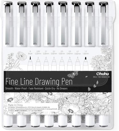 Ohuhu Micro Fineliner Pens 8 Sizes Water & Alcohol Proof for Sketching and Ohuhu Double Sided Marker Pads Bleedproof
