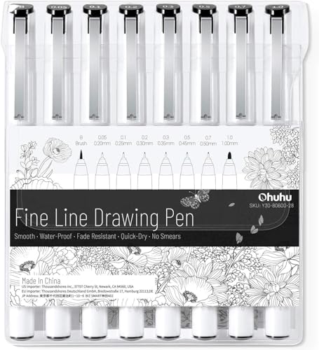 Ohuhu Fineliner Micro Pens 8 Sizes Waterproof & Alcohol-Proof for Sketching Combine with Ohuhu Double Sided Marker Pads Bleedproof