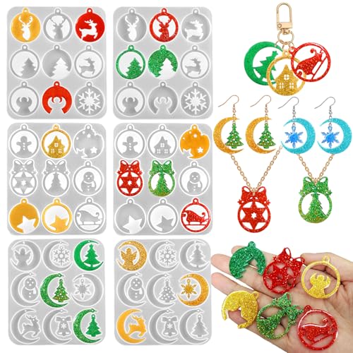 6 Pack Christmas Resin Earring Molds with Holes, Various Moon Round Shapes Snowflake Snowman Christmas Tree Elk Gingerbread Man Silicone Mold for DIY Making Earring Pendant Jewelry Gift - color: 6 Pcs Moon Round Shapes Christmas Earring Mold
