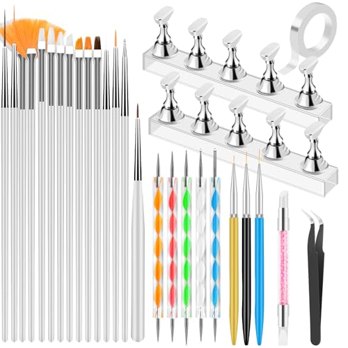 YOOVR Nail Art Tools Set, Nail Stand for Press on Holder for Painting Nails, Nail Art Brushes, Liner Brushes, Nail Dotting Tool, Must Haves Design Tools Supplies Kit for Nail Tech & Beginners (White) - color: White