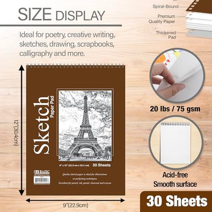 BAZIC Products Spiral Sketch Pad, Top Bound, 9 x 12 in, 30 Sheets | 30-sheet spiral sketch pad, smooth drawing paper for sketching, shading - color: 30 Sheets - 9"x12", size: 1-Pack