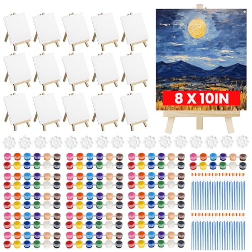 16 Pack Canvas Painting Kit, 8 x 10 inch Canvas and Easel Set Bulk with 12 Colors Acrylic Paint, Brushes, Palettes, Sip and Paint Kit for Adults Beginners Party Supplies