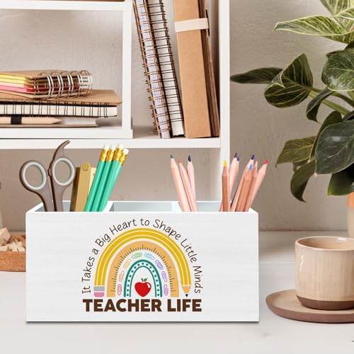 DILSJ Teacher Appreciation Gifts Pencil Holder Organizer for Desk, End of Year Teacher Gifts, It Takes a Big Heart to Shape Little Minds Wooden Box Signs for New Teacher Desk Tabletop School Supplies - color: Rainbow