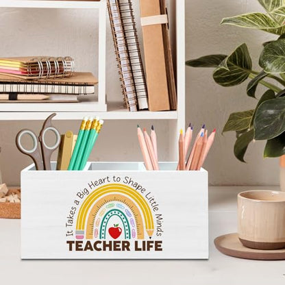 DILSJ Teacher Appreciation Gifts Pencil Holder Organizer for Desk, End of Year Teacher Gifts, It Takes a Big Heart to Shape Little Minds Wooden Box Signs for New Teacher Desk Tabletop School Supplies - color: Rainbow