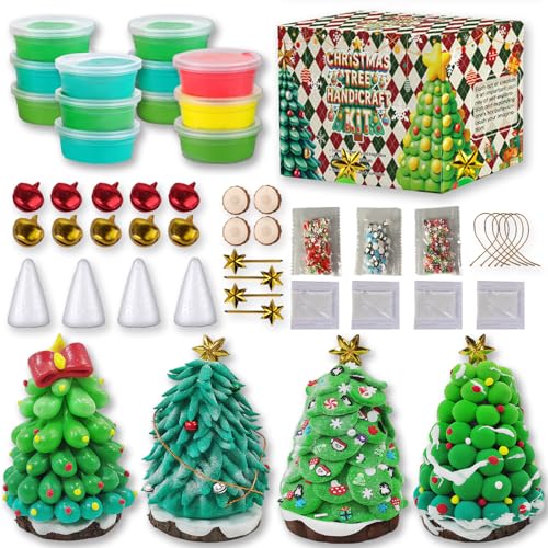 Xoprmey 12Pack Christmas Trees Crafts Kit - Air Dry Clay Christmas Trees Crafts for Kids,Modeling Clay DIY Kit for Kids,Great for Birthday Parties,School Winter Party Fun,for Age 3+ - color: Christmas tree A