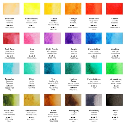 Mont Marte Watercolor Full Pan Set Signature 25pc, Watercolor Paint Set Featuring 24 Full Pan Colors and Round Brush, Includes Study Travel Tin and Four Mixing Wells