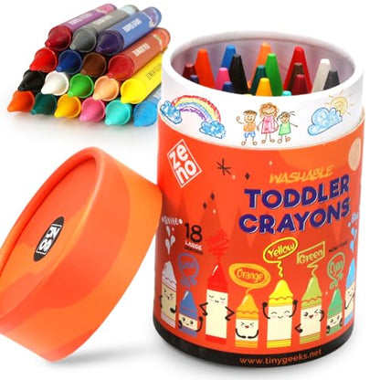 ZENO 18-Color Jumbo Crayons – Non-Toxic and Washable for Toddlers (1-3) & Kids (4-8) – Easy-to-Hold Large Crayons, Perfect for Travel, Art, and Early Childhood Activities