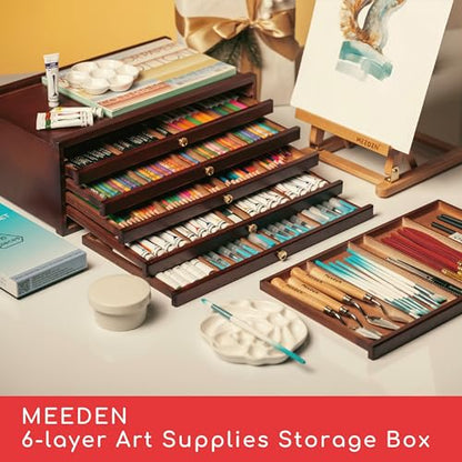 MEEDEN 6-drawer Wood Artist Supply Storage Box, Portable Beechwood Multifunctional Pencil Brush Organizer Wood Box with Drawer&Compartments for Pastels, Pencils, Pens, Makeup Brushes(Deep Walnut) - size: 6 Layer Drawers