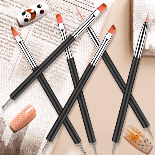 6 pcs Nail Art Brush Set,Double Ended Fine Nail Liner Brush Dotting Pen Painting Tools with Nail Extension Gel Brush, Builder Gel Brush, Nail Art Liner Brush, Nail Dotting Pen for DIY Manicure, Black