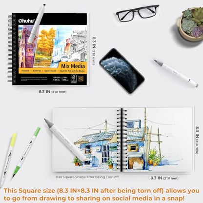Ohuhu Mix Media Pad, 8.3" x 8.3" Mixed Media Art Sketchbook, 120 LB/200 GSM Heavyweight Papers, 62 Sheets/124 Pages, Spiral Bound Mix Media Paper Pad for Acrylic, Painting, Christmas Gift - size: 8.3" x 8.3"