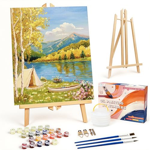 OLDEGG DIY Framed Paint by Numbers for Adults,Autumn Mountain Lake Landscape Themed Paint by Numbers Kit for Adults with Easel,Brushes & Acrylic Paints,Oil Painting Wall Art for Home Decor 12x16inch - color: yellow,green,