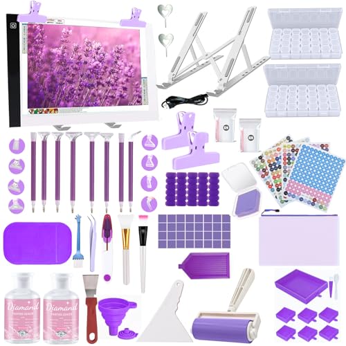 DNSGOOR 186Pcs All Inclusive Diamond Art Accessories Kit Diamond Painting A4 LED Light Pad Set with Diamond Art Sealer Glue Stand Storage Case Pens 5D Painting Tools for DIY Drill Craft - color: Purple, size: A4