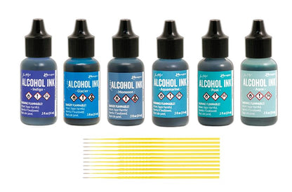 Ranger Alcohol Inks Set Bundles - 6 Bottles of Tim Holtz Alcohol Inks with Trebbies Fine Detail Sticks (Shades of Blue) - color: Shades of Blue
