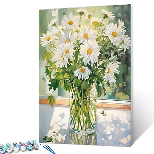 Tucocoo White Daisy DIY Paint by Numbers for Adults White Flowers with Green Leaves in Vase DIY Oil Painting Kits Canvas with Acrylic Paint Floral Plant Art 16x20 Inch （DIY Frame ） - color: Flower in Vase 07, size: 16''x20''(DIY Frame)