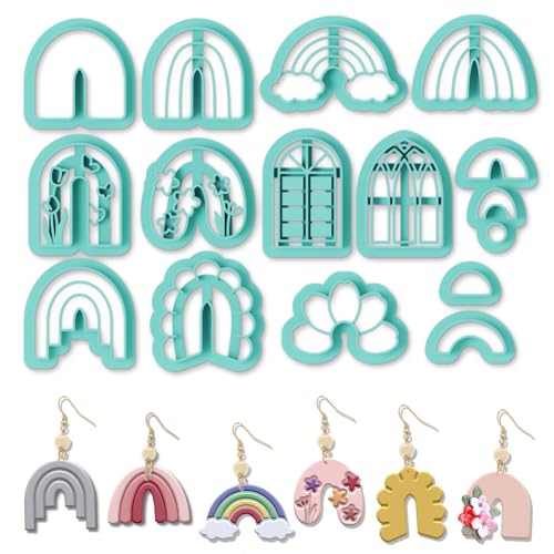 ORIGACH 14 Pcs Boho Arch Shape Polymer Clay Cutters, Rainbow Flower Frame Design Clay Cutters for Polymer Clay Jewelry Earrings with a Clear Storage Box - style: Arch