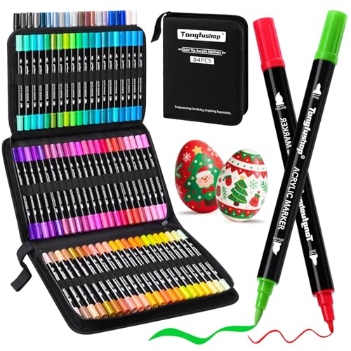 Tongfushop 84 Colors Acrylic Paint Markers, Dual Tip Acrylic Paint Pens for Rock Painting, Canvas, Wood, Stone, Glass, Ceramic, DIY Crafts, Waterproof Art Markers with Case for Artists, Kids & Adult - color: 84 Colors