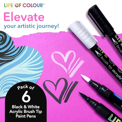 Life of Colour Black & White Brush Tip Acrylic Paint Pens | Permanent Black & White Acrylic Paint Pens for Detailing, Lettering, Ceramics, Canvas, Rocks & Creative Crafts. - style: Black and White Brush Tips
