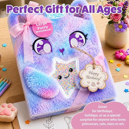 VOTUM Cat Princess Furry Sketchbook for Girls, 8x11 Plush Notebook with Crown & Star Charm, Soft Fluffy Journal & Diary for Drawing, Writing, Birthday, Christmas for Girls - color: Cat Princess