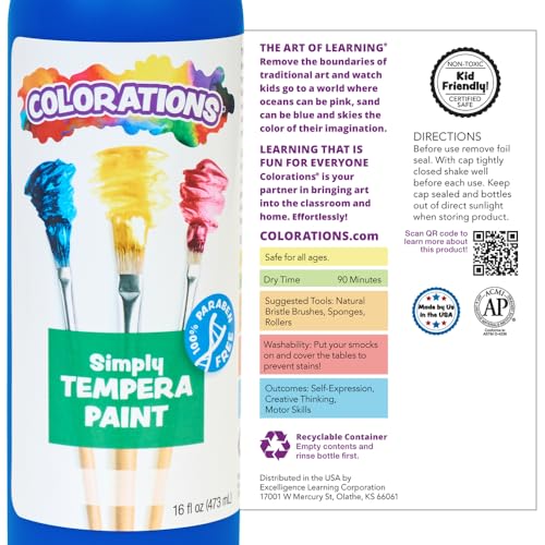 Colorations Paraben-Free Tempera Paint for Kids - Blue, 16 Ounce Bottle, Non-Toxic and Made in The USA - color: Blue