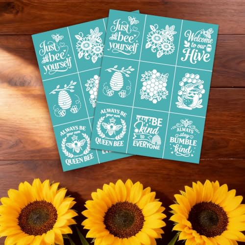 2 Sheet Bee Silk Screen Stencil, Honeycomb Sunflower Self-Adhesive Reusable Silk Screen Printing Stencils Templates for Painting on Wood, Fabric, Walls, Home Decor & DIY Crafts - style: Bee
