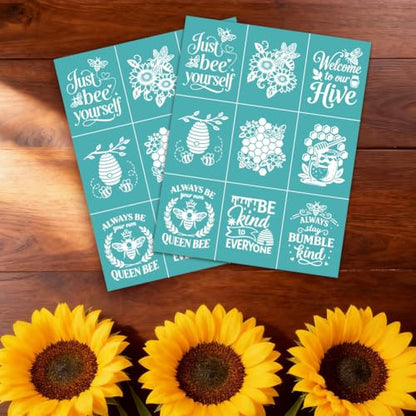 2 Sheet Bee Silk Screen Stencil, Honeycomb Sunflower Self-Adhesive Reusable Silk Screen Printing Stencils Templates for Painting on Wood, Fabric, Walls, Home Decor & DIY Crafts - style: Bee