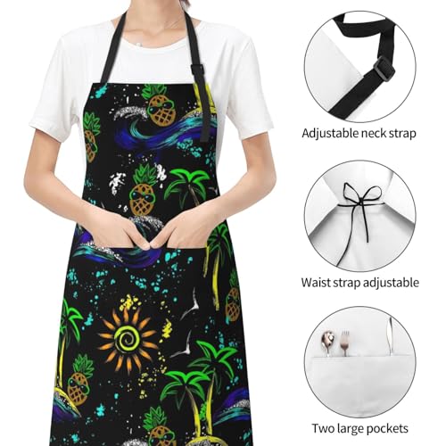 KKdskkds Tribal Boho Geometric Multi-Purpose Adjustable Waterproof Apron With Pocket For Men Women - color: Summer Vacation Pineapple, Wave, Palms Trees