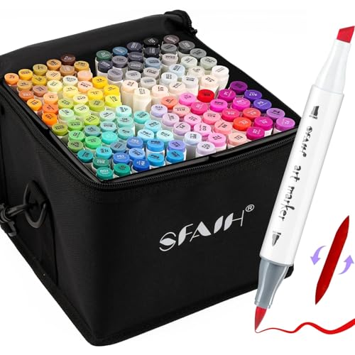 SFAIH Alcohol Markers Brush & Chisel - 121 Colors Double Tipped Art Markers for Adult Coloring Illustration, Gifts for Artist Adult - Adjustable Shoulder Strap & Faux Leather Lining & Outer Zip Pocket - style: Brush & Chisel