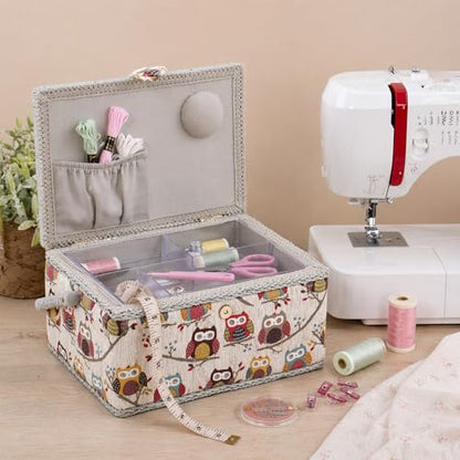 Hobby Gift Medium Sewing Box Organiser, Fabric Covered Storage Box with Handle, Internal Tray, Pin Cushion and Pocket for Sewing, Quilting and Knitting Supplies - color: Hoot
