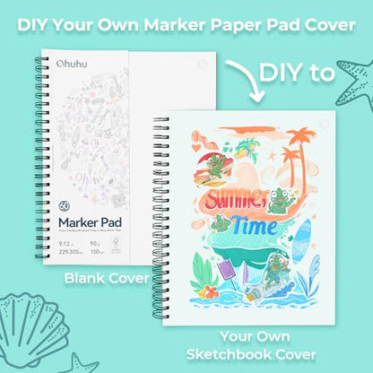 Ohuhu Double-Sided Marker Pads Art Sketchbook Bleedproof - 9"x12" Large Paper Size - 90 LB/150 GSM Smooth Drawing Paper - 60 Sheets/120 Pages, Spiral Bound Sketching Book for Alcohol Markers - size: 9" x 12”
