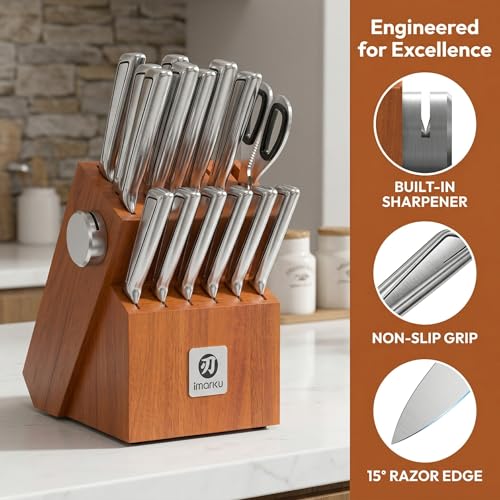imarku High Carbon Stainless Steel Gyutou Knife Set with Block, Precision-Forged Razor Sharp 10–15° Edge, Ergonomic Non-Slip Handle, Built-in Sharpener, Brown, Best Gift Choice, Cooking Enthusiasts - color: Silver/Brown