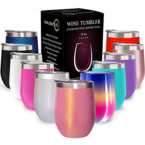 CHILLOUT LIFE 12 oz Stainless Steel Tumbler with Lid & Gift Box - Wine Tumbler Double Wall Vacuum Insulated Travel Tumbler Cup for Coffee, Wine, Cocktails, Ice Cream - PINK SPARKLE - color: Pink Sparkle, style: 1 Pack