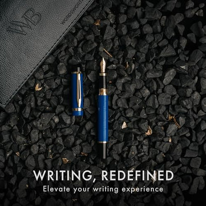 Wordsworth & Black Primori Fountain Pen Set - Blue Gold, Medium Nib, Gift Case, 24 Ink Cartridges, Refill Converter, Manual, Smooth Writing, Left & Right Handed | Blue Gold, Gift for Men & Women, Metal Body, 18K German Iridium, Calligraphy, Converter + 24