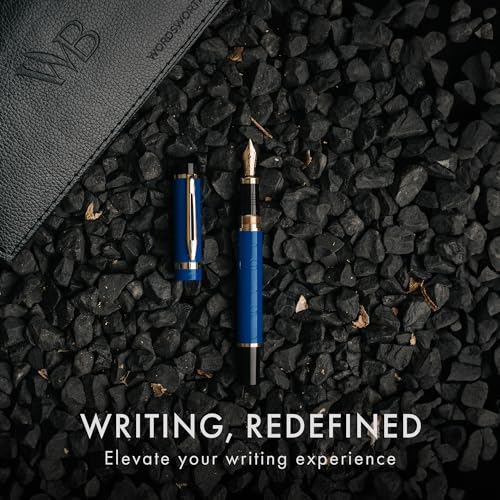 Wordsworth & Black Primori Fountain Pen Set - Blue Gold, Medium Nib, Gift Case, 24 Ink Cartridges, Refill Converter, Manual, Smooth Writing, Left & Right Handed | Blue Gold, Gift for Men & Women, Metal Body, 18K German Iridium, Calligraphy, Converter + 24