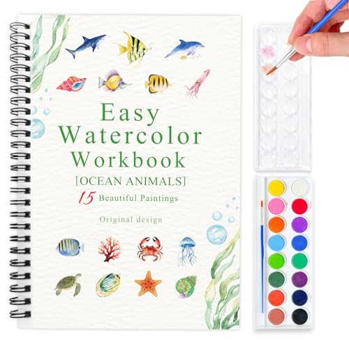 SLWBZ Watercolor Workbook Ocean Animals, 15 Different Patterns of Original DIY Designs, 16 Color Watercolor Paint Plates with Palette and Brush, Beginner-Friendly Watercolor Workbooks, Ocean Animals - color: Ocean Animals, size: with palette