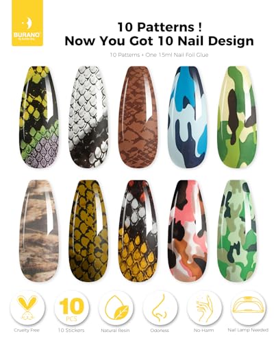 BURANO Nail Art Nail Foil Glue Gel, o.5 oz with 10PCS Foil Stickers Set Nail Foil Glue for Nails Foil Transfer Gel, Nail Design DIY UV LED Lamp Required (Snake 25) - color: Snake 25