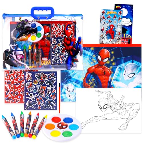 Marvel Spiderman Drawing and Painting Set for Boys Gift Bundle with Coloring Book, Coloring Utensils, Watercolor Paints, Stickers, Tattoos, More | Spiderman Crafts for Kids