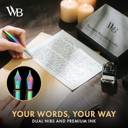 Wordsworth & Black Fountain Pen Set, 18K Gilded Medium and Extra Fine Nib, 25ML Black Ink Bottle, 6 Ink Cartridges,Refill Converter, Gift Box,Smooth Writing Pens [Rainbow],Gift Set for Men and Women - color: Rainbow