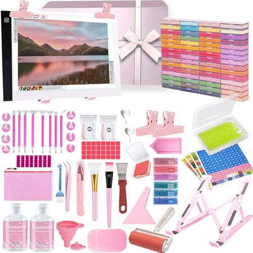 Qlonry 185 Pcs All Inclusive Diamond Painting Tool Kit Diamond Art Accessories Kit Including A4 LED Light Pad Kit,Bracket,Convex Point Design Storage Box,Painting Pen for DIY Craft - color: Pink, size: A4