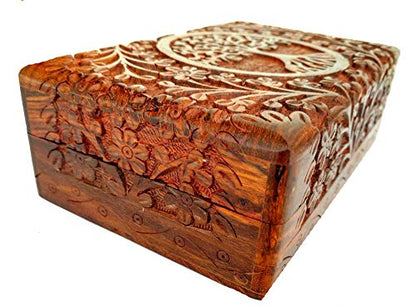 Ajuny Hand Carved Wooden Keepsake Box, Tree of Life Jewelry Box for Women | Acacia wood memory & trinket box, red velvet lined, 8x5 in. Decorative keepsake gift box for jewelry, watches, treasures