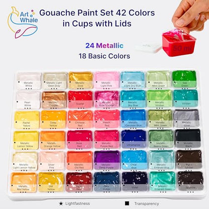 Gouache Paint Set 42 Colors, 50ml Cups with Lids – 24 Metallic & 18 Basic Shades, Refillable Gouache, Opaque & Creamy, Leakproof Storage, Travel Case, Non-Toxic - color: Metallic and Basic